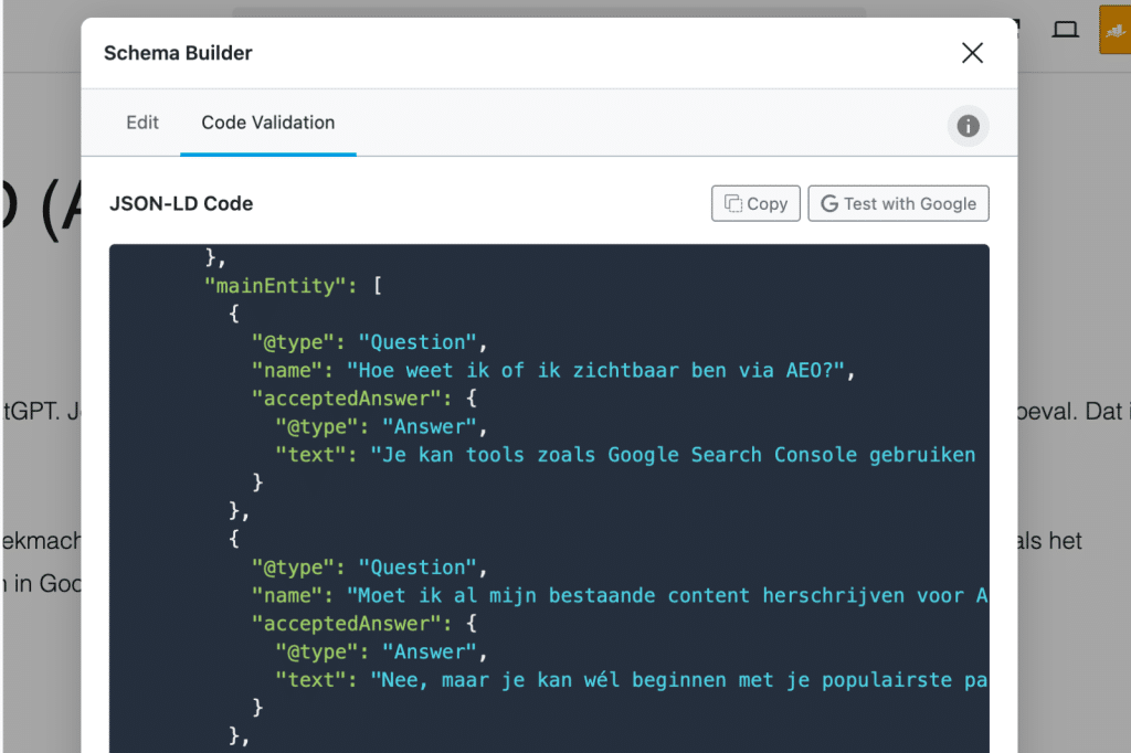 Screenshot van een schema builder met JSON-LD structured data voor een FAQ-pagina (vragen en antwoorden) om rich results in Google te ondersteunen